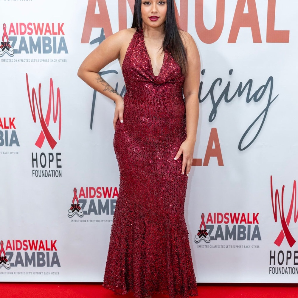Red Backless Sequin Gown with Halter Neckline
